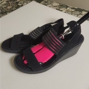 Skechers Black Wedge Sandals with Pink Accent